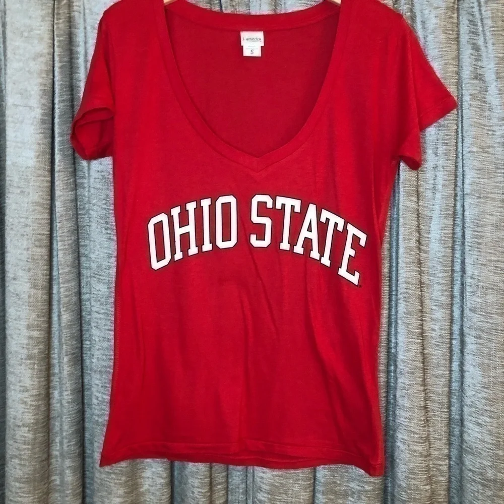 Ohio State Red V Neck Short Sleeve Cotton Logo Tee Shirt Size Small